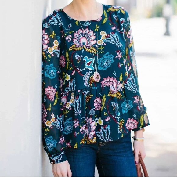 LOFT Tops - Ann Taylor LOFT Teal Floral Peplum Blouse, Size Small.